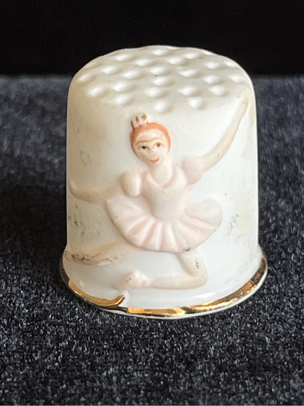 Ballerina Dancer Ceramic Thimble Hand Painted Gold Trimmed Vintage